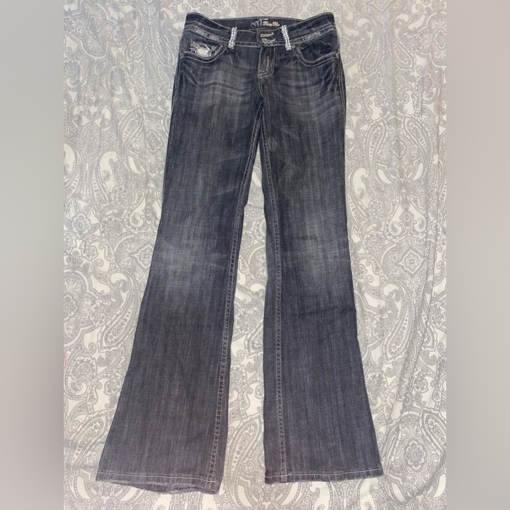 Miss Me Y2K size 26 low-rise flare leg grey jeans w/ rhinestone + camo detailing